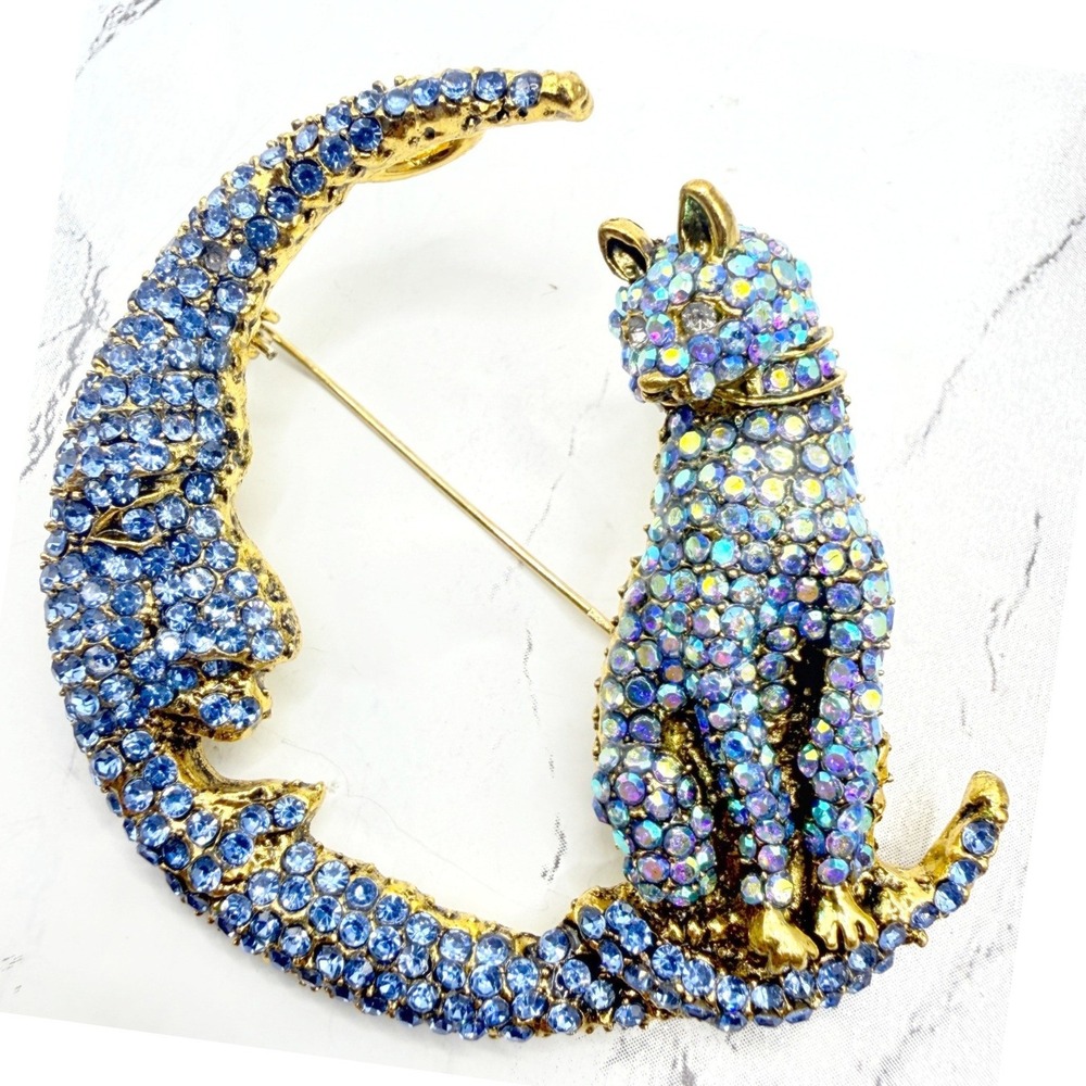 Cat on Crescent Moon Brooch Gold Tone Blue AB Rhinestone Celestial Pin 2.5"